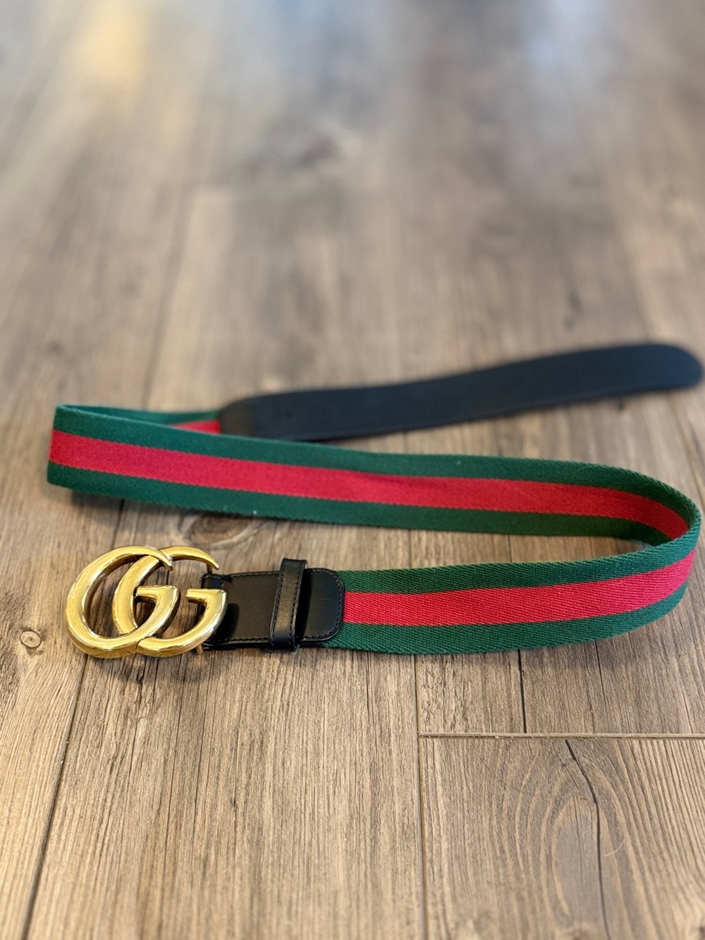 Gucci GG Marmont Web Belt Green Red Stripe Gold Double G Buckle 38” - Picture 2 of 5